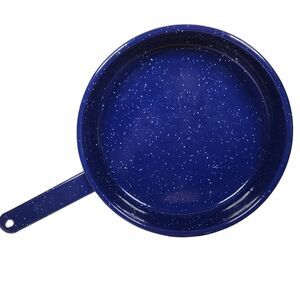 Vintage Medium Blue White Speckled Enamelware Skillet Frying Pan 9" Diameter